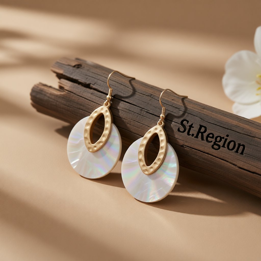 Shell and 18K Gold-Plated Pear Round Drop Earrings, gold drop earrings for women, botanical inspired, front view