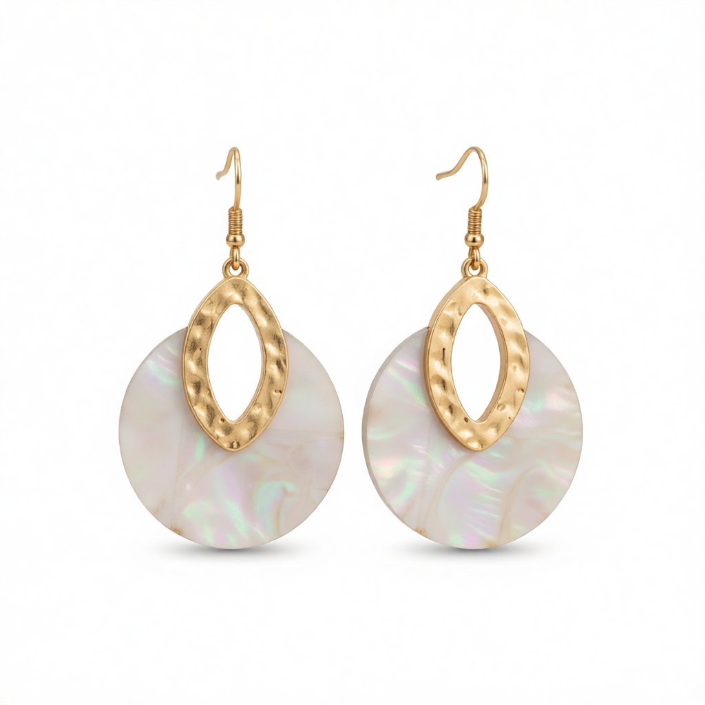 Shell and 18K Gold-Plated Pear Round Drop Earrings, gold drop earrings for women, botanical inspired, side view