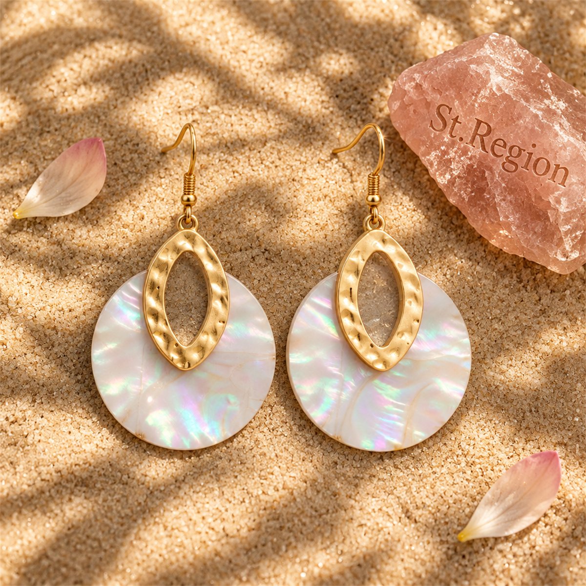 Shell and 18K Gold-Plated Pear Round Drop Earrings, gold drop earrings for women, botanical inspired, detail close-up