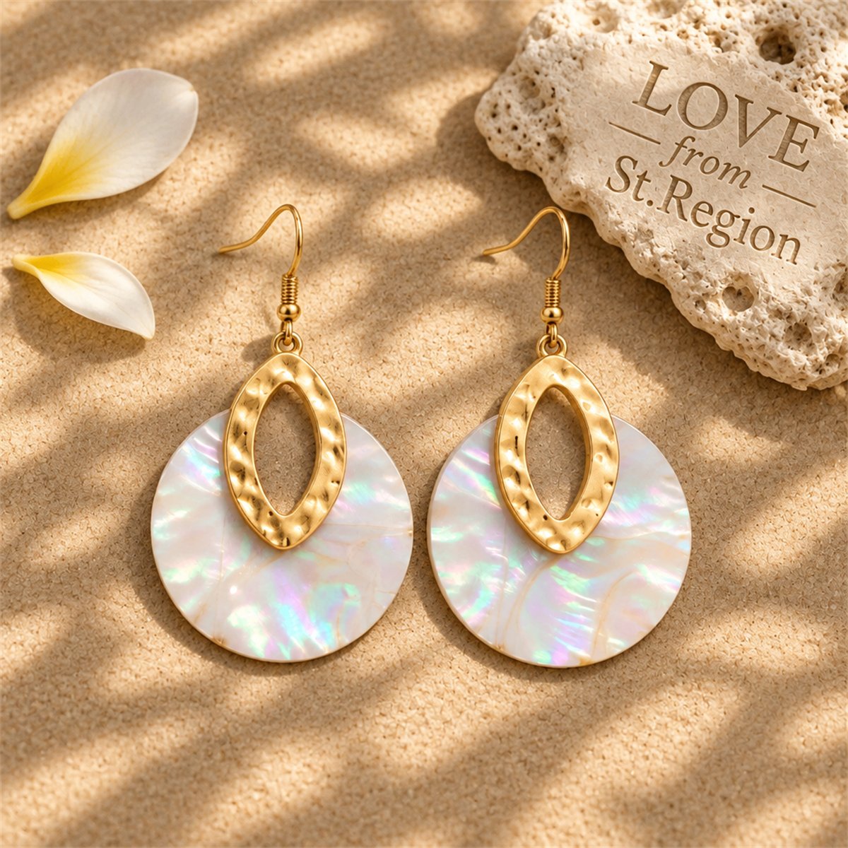 Shell and 18K Gold-Plated Pear Round Drop Earrings, gold drop earrings for women, botanical inspired, lifestyle look