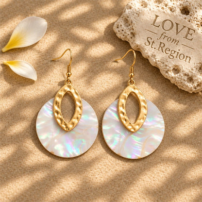 Shell and 18K Gold-Plated Pear Round Drop Earrings, gold drop earrings for women, botanical inspired, lifestyle look