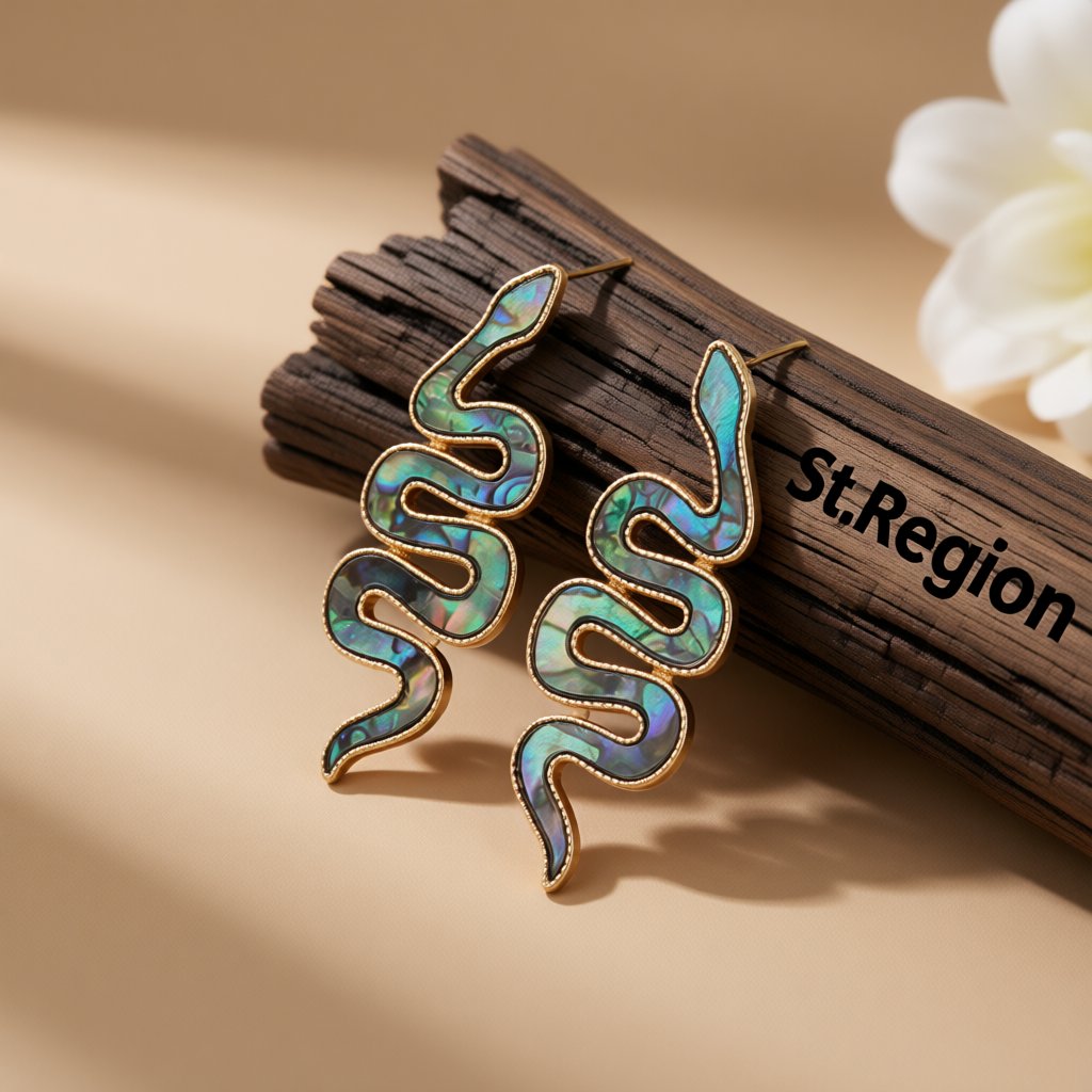 Abalone Shell and 18K Gold-Plated Snake Drop Earrings, gold stud earrings for women, everyday style, front view
