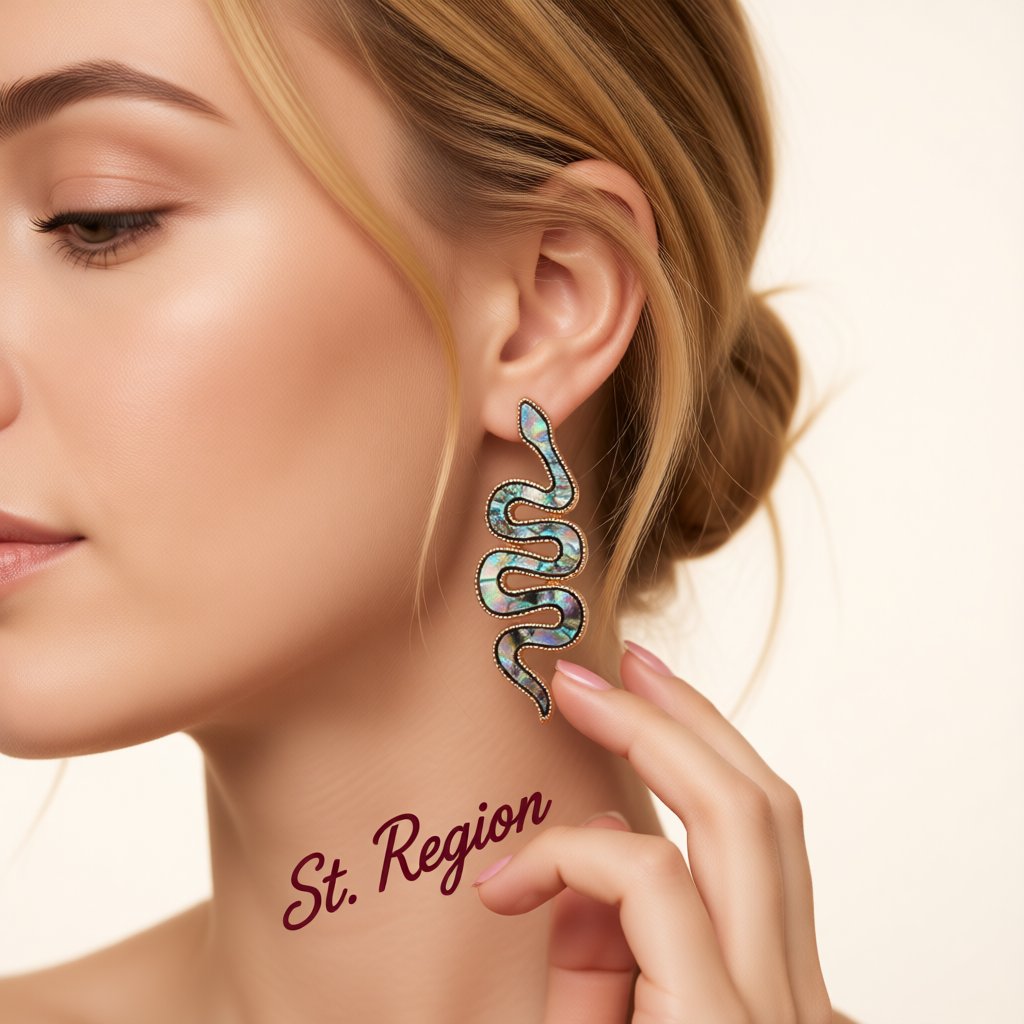 Abalone Shell and 18K Gold-Plated Snake Drop Earrings, gold stud earrings for women, everyday style, styled look
