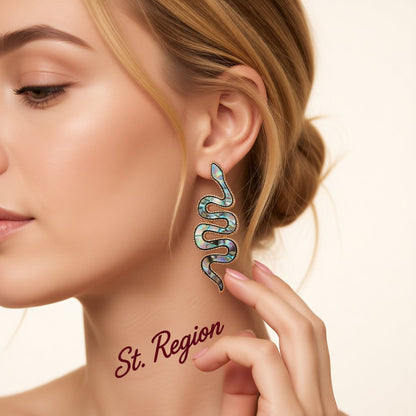 Abalone Shell and 18K Gold-Plated Snake Drop Earrings, gold stud earrings for women, everyday style, styled look