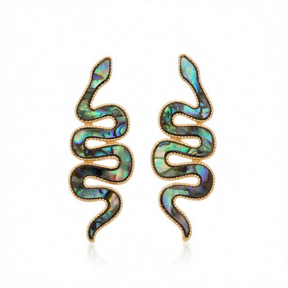Abalone Shell and 18K Gold-Plated Snake Drop Earrings, gold stud earrings for women, everyday style, side view