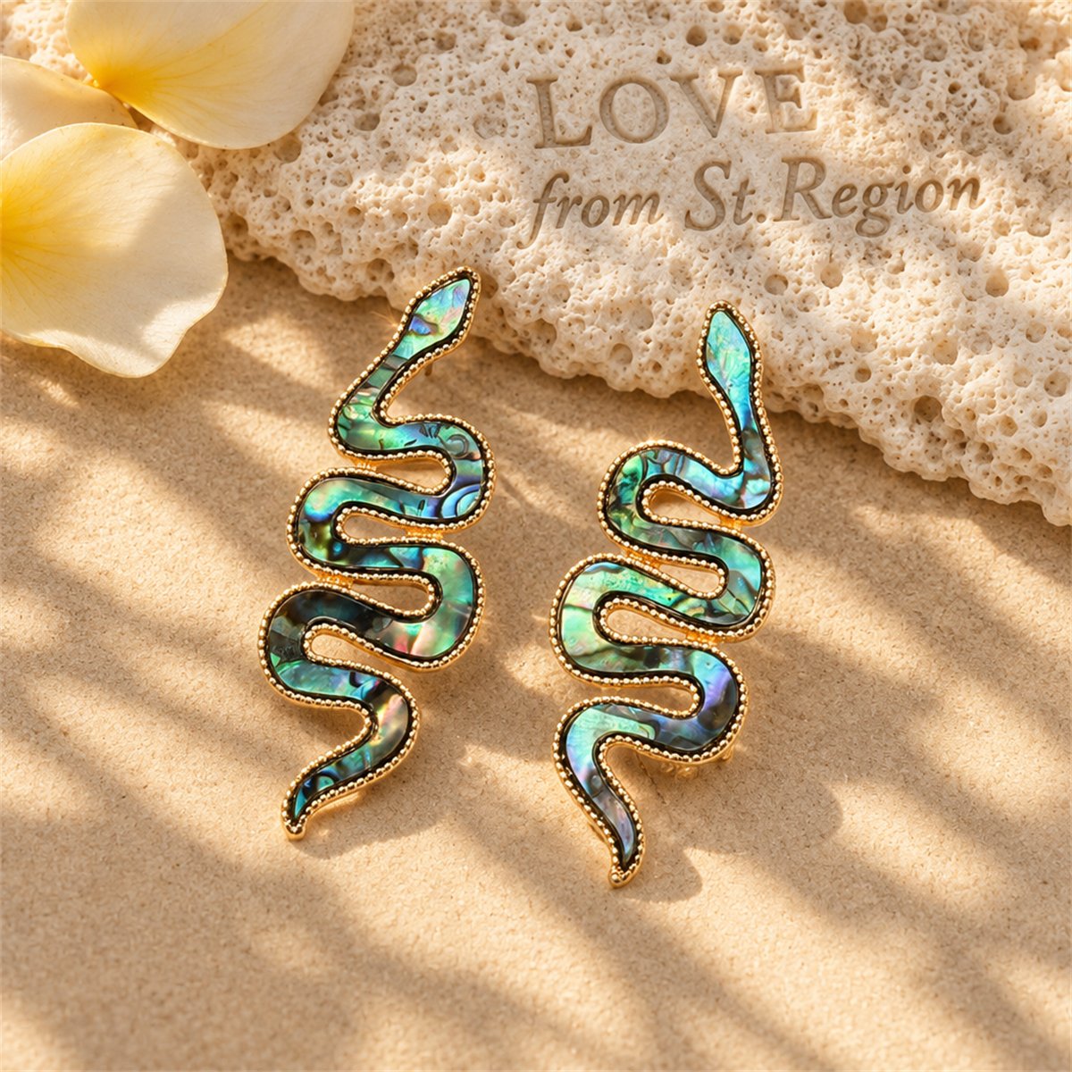 Abalone Shell and 18K Gold-Plated Snake Drop Earrings, gold stud earrings for women, everyday style, lifestyle look