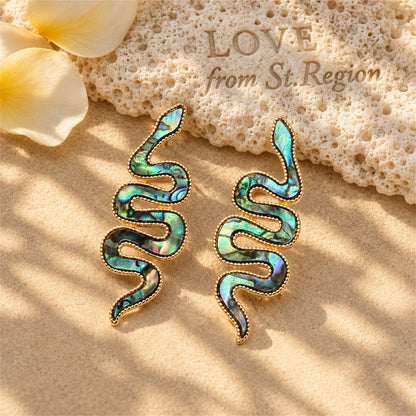 Abalone Shell and 18K Gold-Plated Snake Drop Earrings, gold stud earrings for women, everyday style, lifestyle look