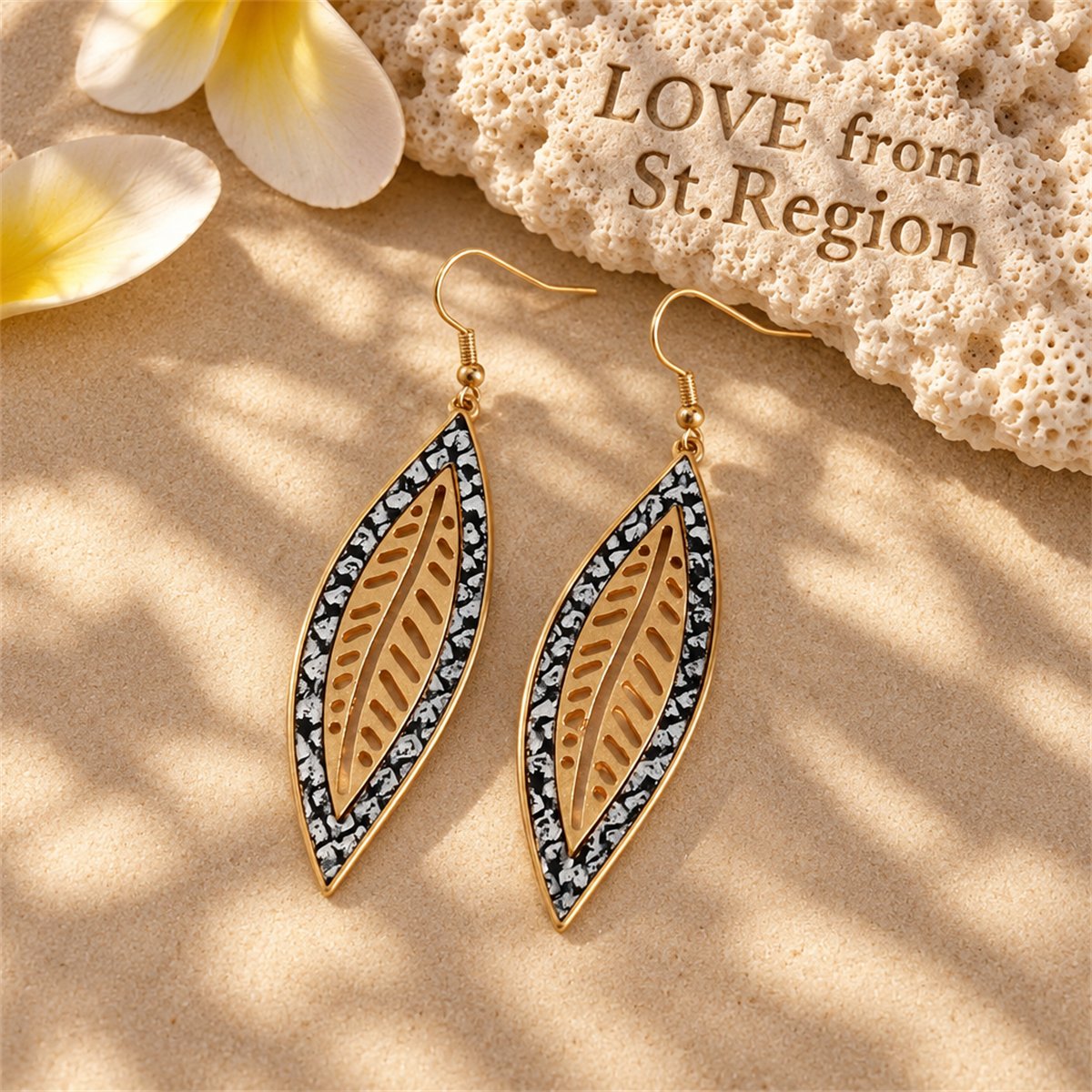 White Polyurethane and 18K Gold-Plated Snakeskin-Embossed Leaf Drop Earrings, gold drop earrings for women, lifestyle look