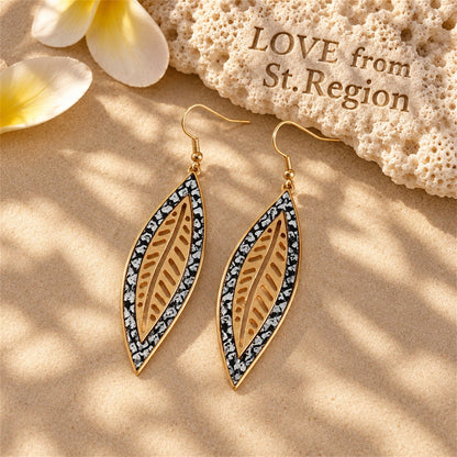 White Polyurethane and 18K Gold-Plated Snakeskin-Embossed Leaf Drop Earrings, gold drop earrings for women, lifestyle look
