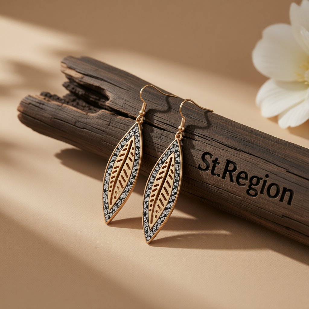 White Polyurethane and 18K Gold-Plated Snakeskin-Embossed Leaf Drop Earrings, gold drop earrings for women, front view