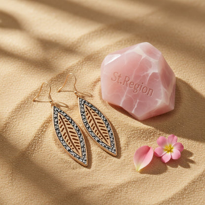 White Polyurethane and 18K Gold-Plated Snakeskin-Embossed Leaf Drop Earrings, gold drop earrings for women, detail close-up