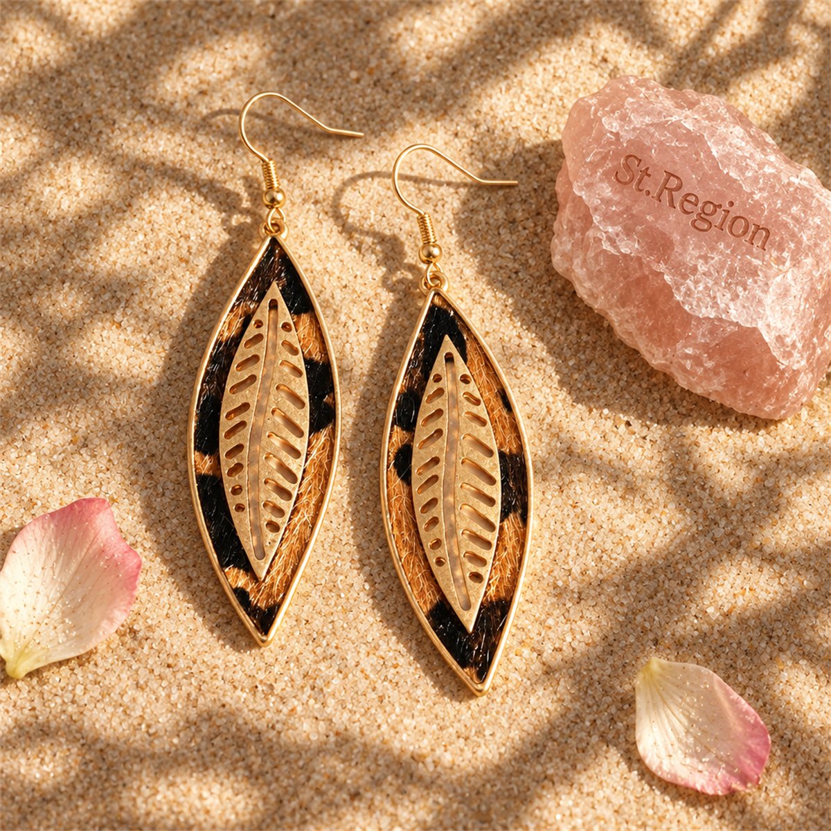 Khaki Polyurethane and 18K Gold-Plated Leopard Leaf Drop Earrings, gold drop earrings for women, detail close-up