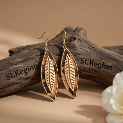 Khaki Polyurethane and 18K Gold-Plated Leopard Leaf Drop Earrings, gold drop earrings for women, front view