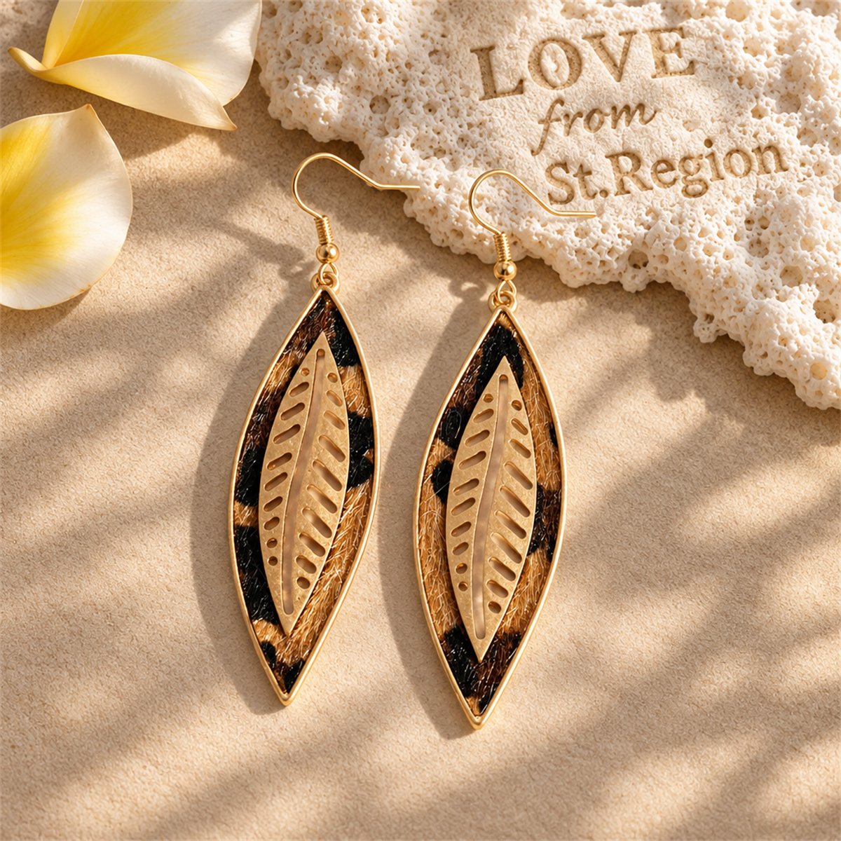 Khaki Polyurethane and 18K Gold-Plated Leopard Leaf Drop Earrings, gold drop earrings for women, lifestyle look