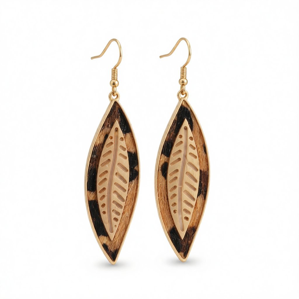 Khaki Polyurethane and 18K Gold-Plated Leopard Leaf Drop Earrings, gold drop earrings for women, side view