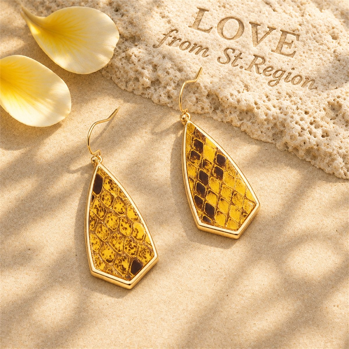 Yellow Polyurethane and 18K Gold-Plated Snakeskin-Embossed Drop Earrings, gold drop earrings for women, lifestyle look