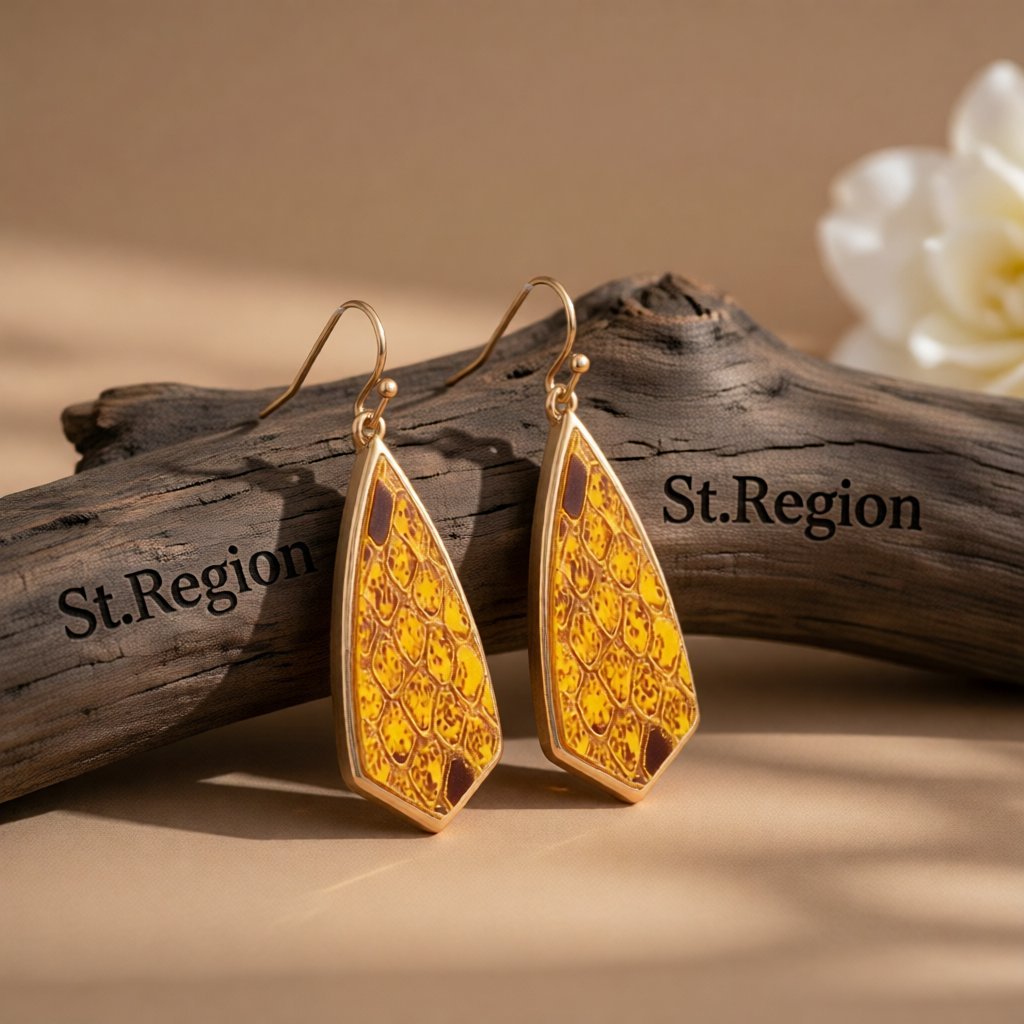 Yellow Polyurethane and 18K Gold-Plated Snakeskin-Embossed Drop Earrings, gold drop earrings for women, front view