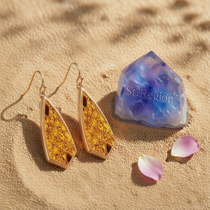 Yellow Polyurethane and 18K Gold-Plated Snakeskin-Embossed Drop Earrings, gold drop earrings for women, detail close-up