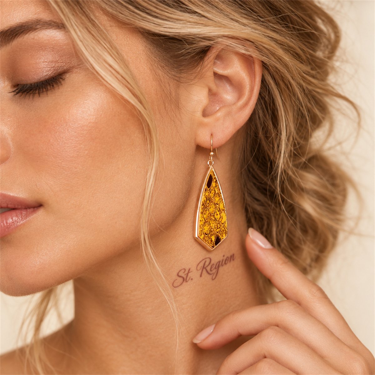 Yellow Polyurethane and 18K Gold-Plated Snakeskin-Embossed Drop Earrings, gold drop earrings for women, styled look