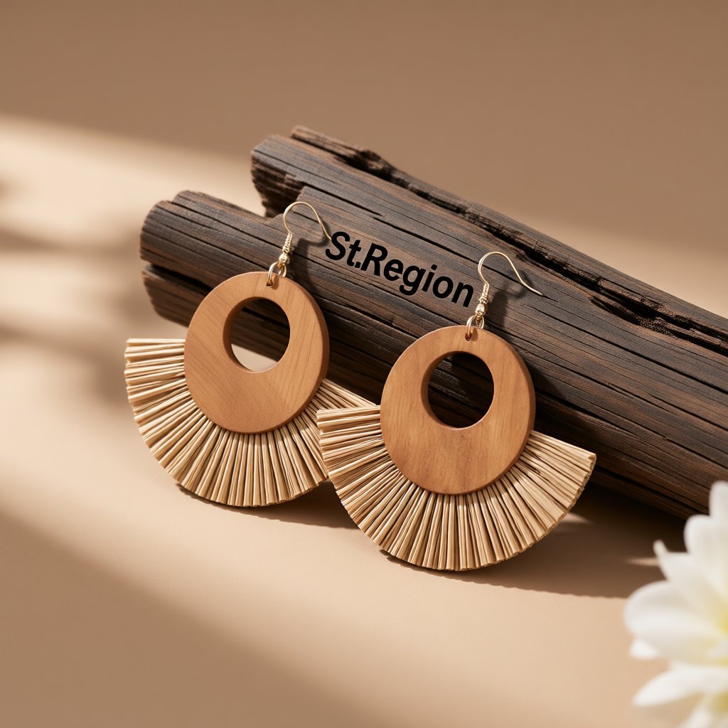 Coffee Raffia and Wood Fan Drop Earrings, drop earrings for women, elegant gift for her, front view