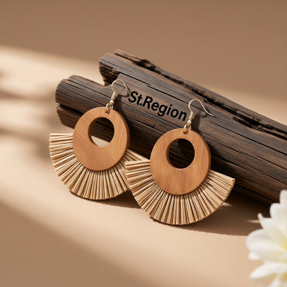 Coffee Raffia and Wood Fan Drop Earrings, drop earrings for women, elegant gift for her, front view