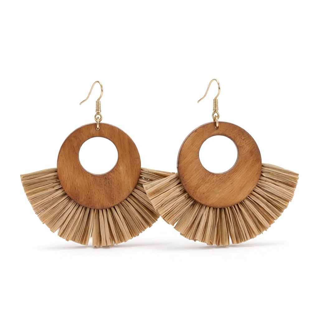 Coffee Raffia and Wood Fan Drop Earrings, drop earrings for women, elegant gift for her, side view