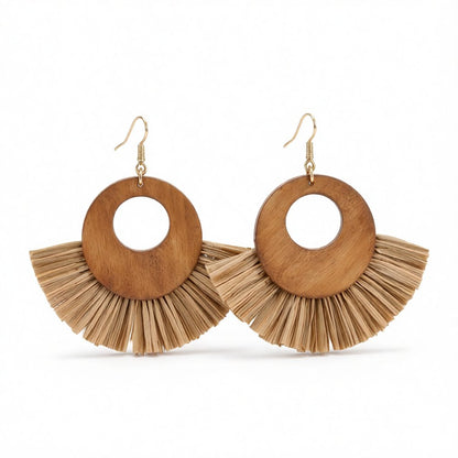 Coffee Raffia and Wood Fan Drop Earrings, drop earrings for women, elegant gift for her, side view