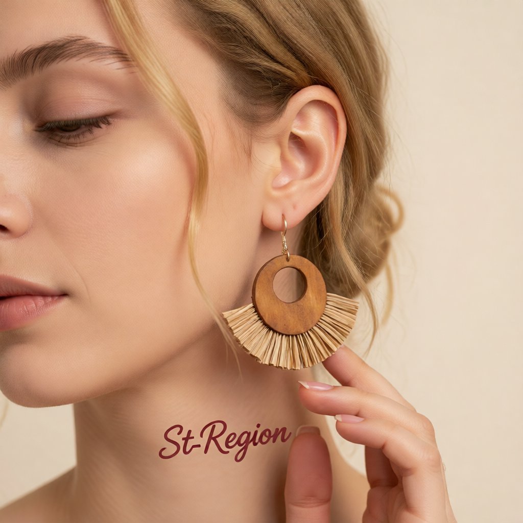 Coffee Raffia and Wood Fan Drop Earrings, drop earrings for women, elegant gift for her, styled look