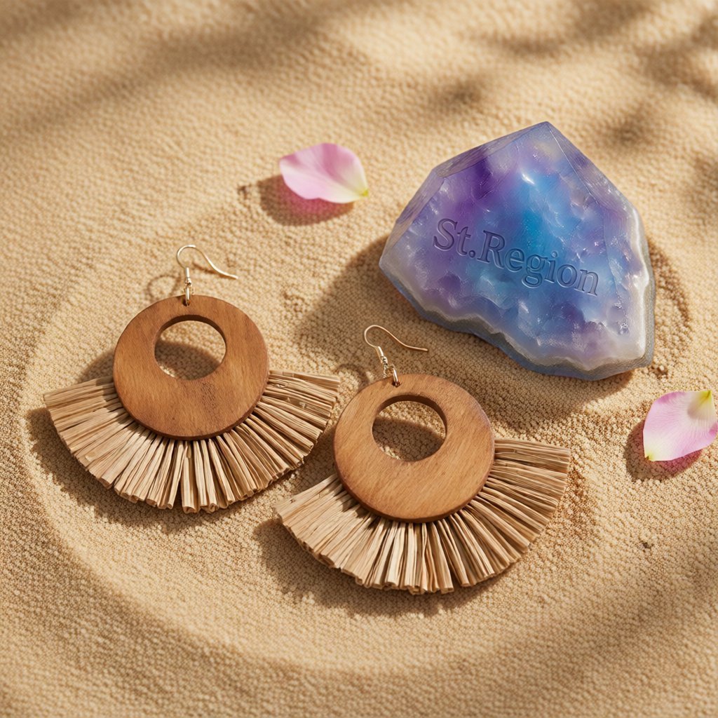 Coffee Raffia and Wood Fan Drop Earrings, drop earrings for women, elegant gift for her, detail close-up