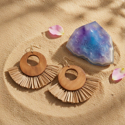 Coffee Raffia and Wood Fan Drop Earrings, drop earrings for women, elegant gift for her, detail close-up