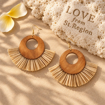 Coffee Raffia and Wood Fan Drop Earrings, drop earrings for women, elegant gift for her, lifestyle look
