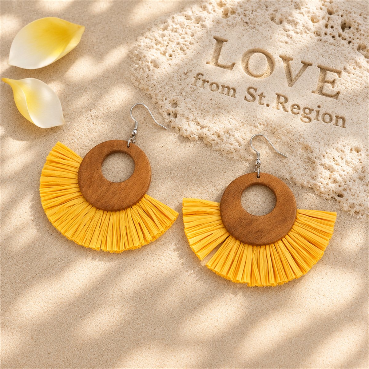 Yellow Raffia and Wood Fan Drop Earrings, drop earrings for women, everyday style, lifestyle look