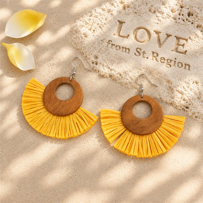 Yellow Raffia and Wood Fan Drop Earrings, drop earrings for women, everyday style, lifestyle look