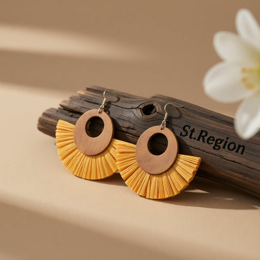 Yellow Raffia and Wood Fan Drop Earrings, drop earrings for women, everyday style, front view