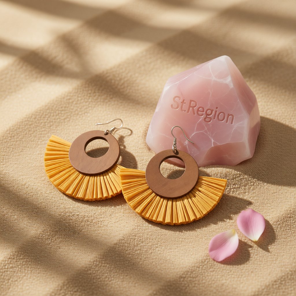 Yellow Raffia and Wood Fan Drop Earrings, drop earrings for women, everyday style, detail close-up