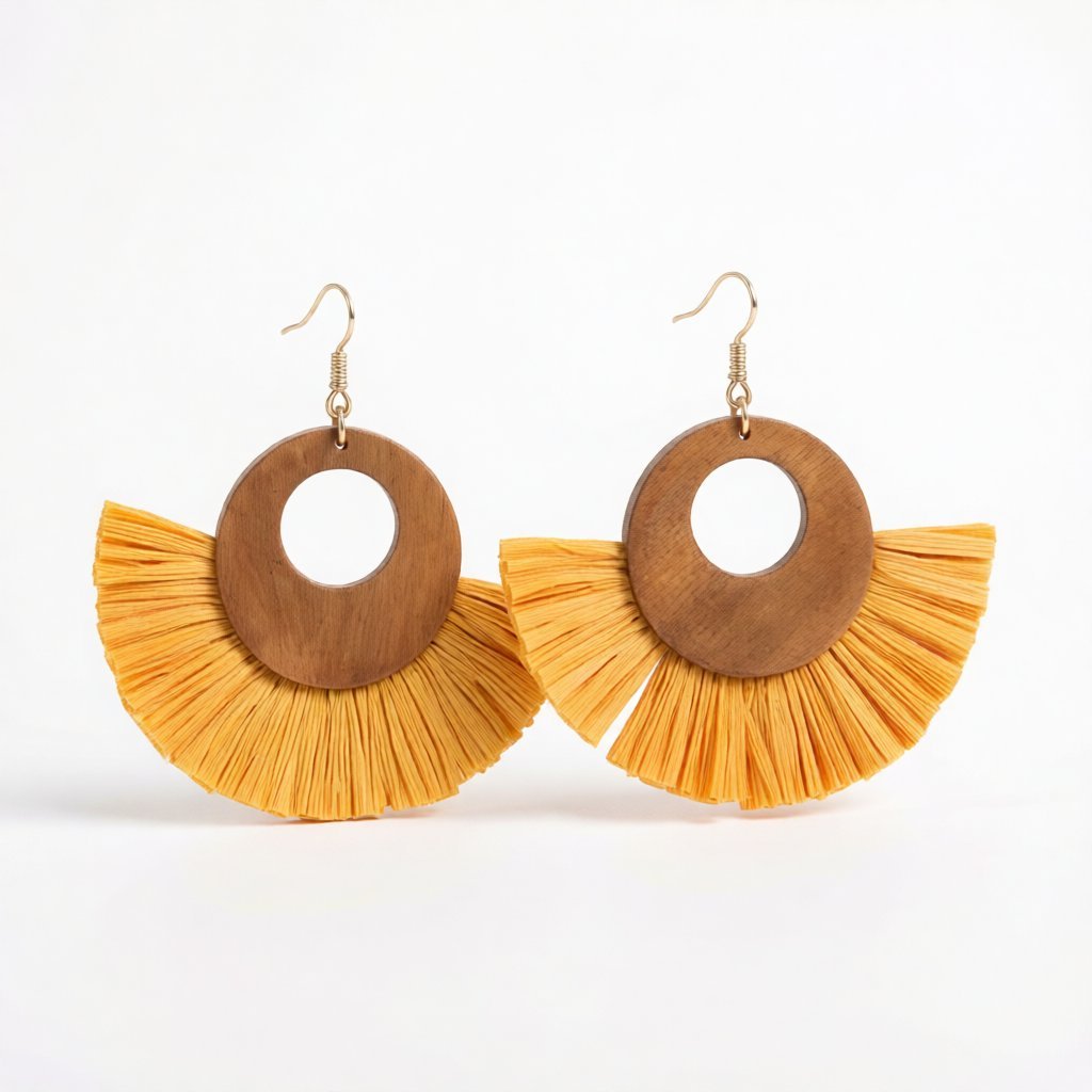 Yellow Raffia and Wood Fan Drop Earrings, drop earrings for women, everyday style, side view