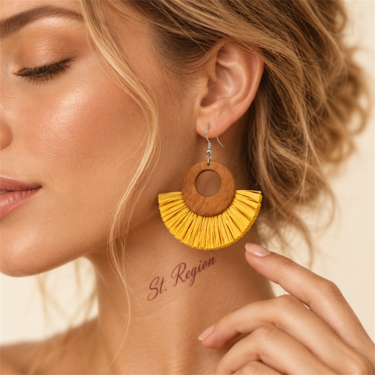 Yellow Raffia and Wood Fan Drop Earrings, drop earrings for women, everyday style, styled look
