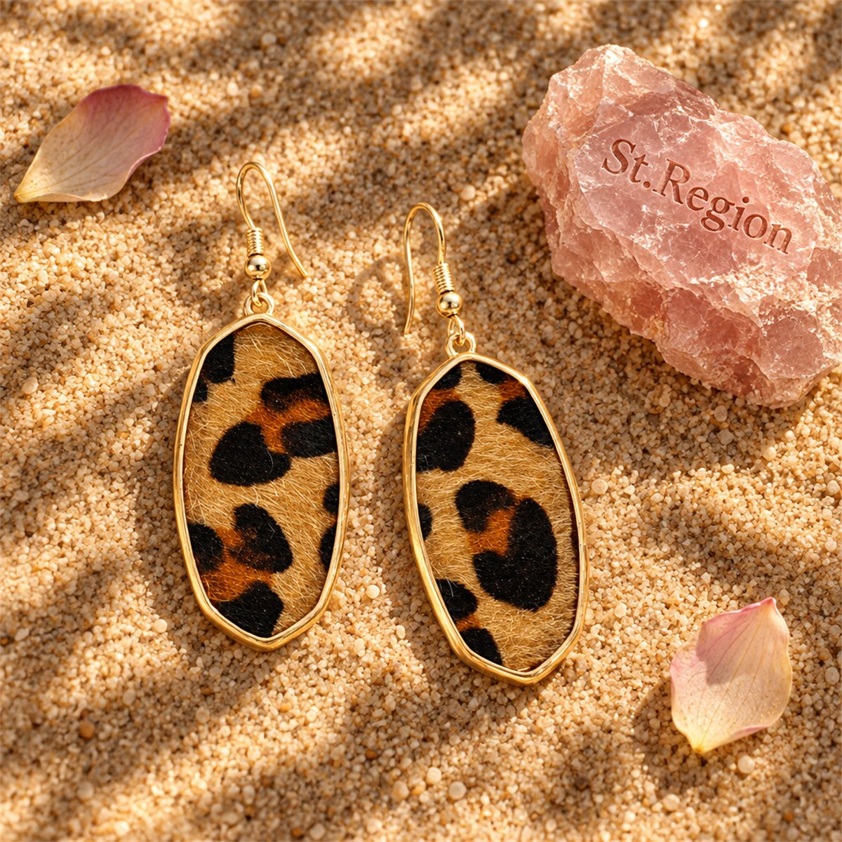 Brown Polyurethane and 18K Gold-Plated Leopard-Print Oval Drop Earrings, gold drop earrings for women, detail close-up