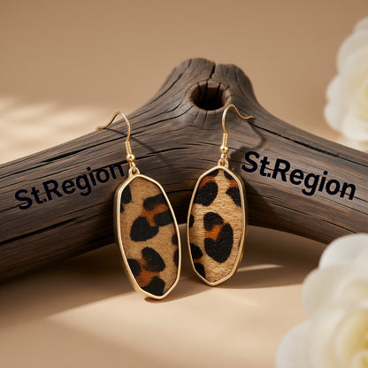 Brown Polyurethane and 18K Gold-Plated Leopard-Print Oval Drop Earrings, gold drop earrings for women, front view