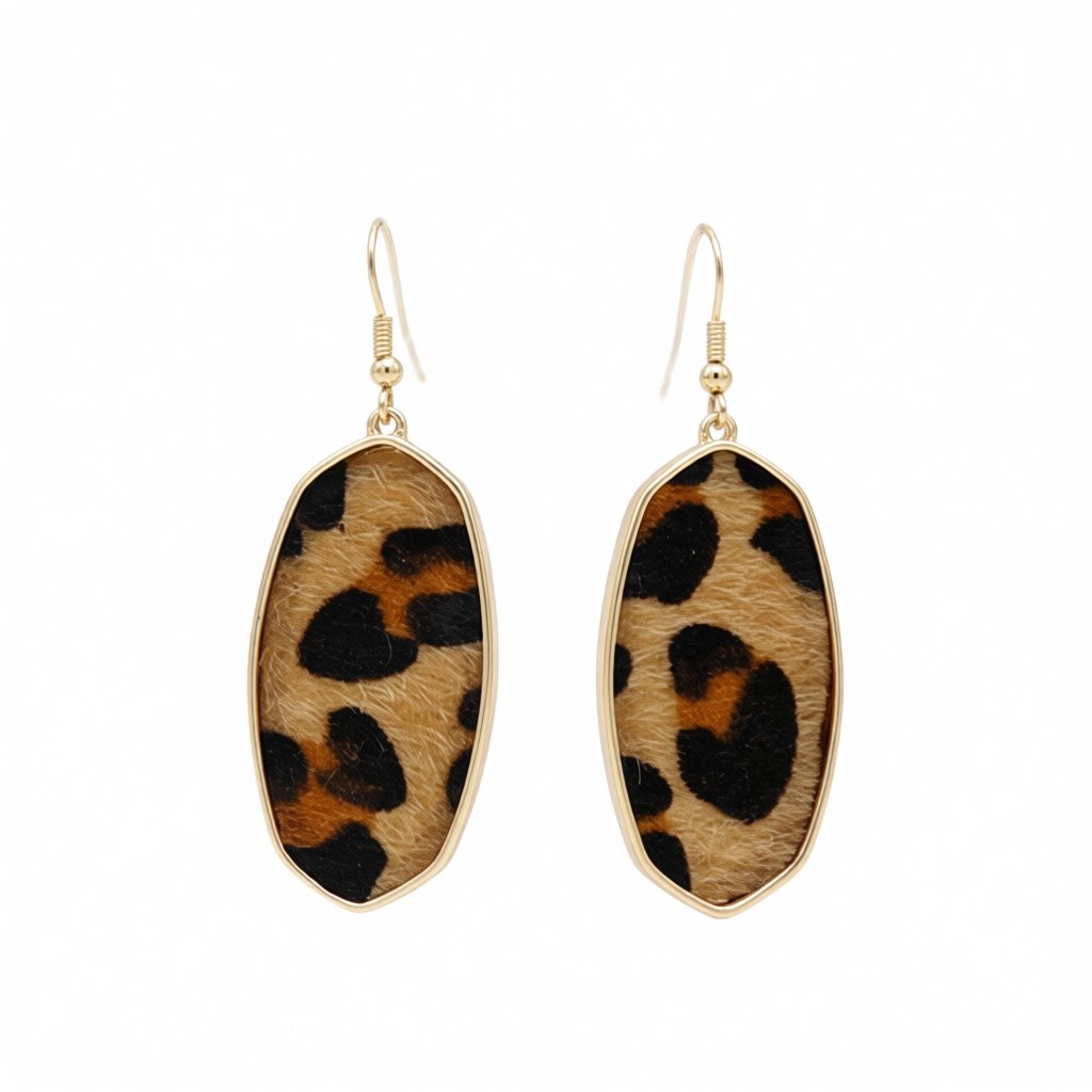Brown Polyurethane and 18K Gold-Plated Leopard-Print Oval Drop Earrings, gold drop earrings for women, side view