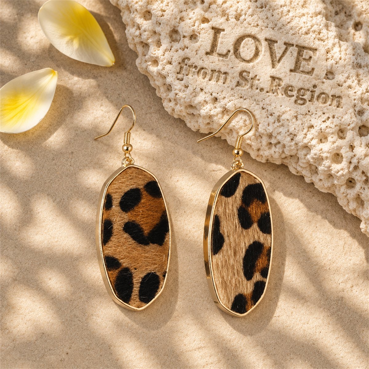 Brown Polyurethane and 18K Gold-Plated Leopard-Print Oval Drop Earrings, gold drop earrings for women, lifestyle look