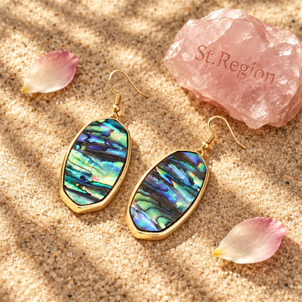 Abalone Shell and 18K Gold-Plated Oval Drop Earrings, gold drop earrings for women, everyday style, detail close-up