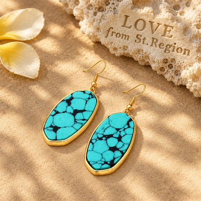 Turquoise and 18K Gold-Plated Oval Drop Earrings, gold drop earrings for women, vintage-inspired design, lifestyle look