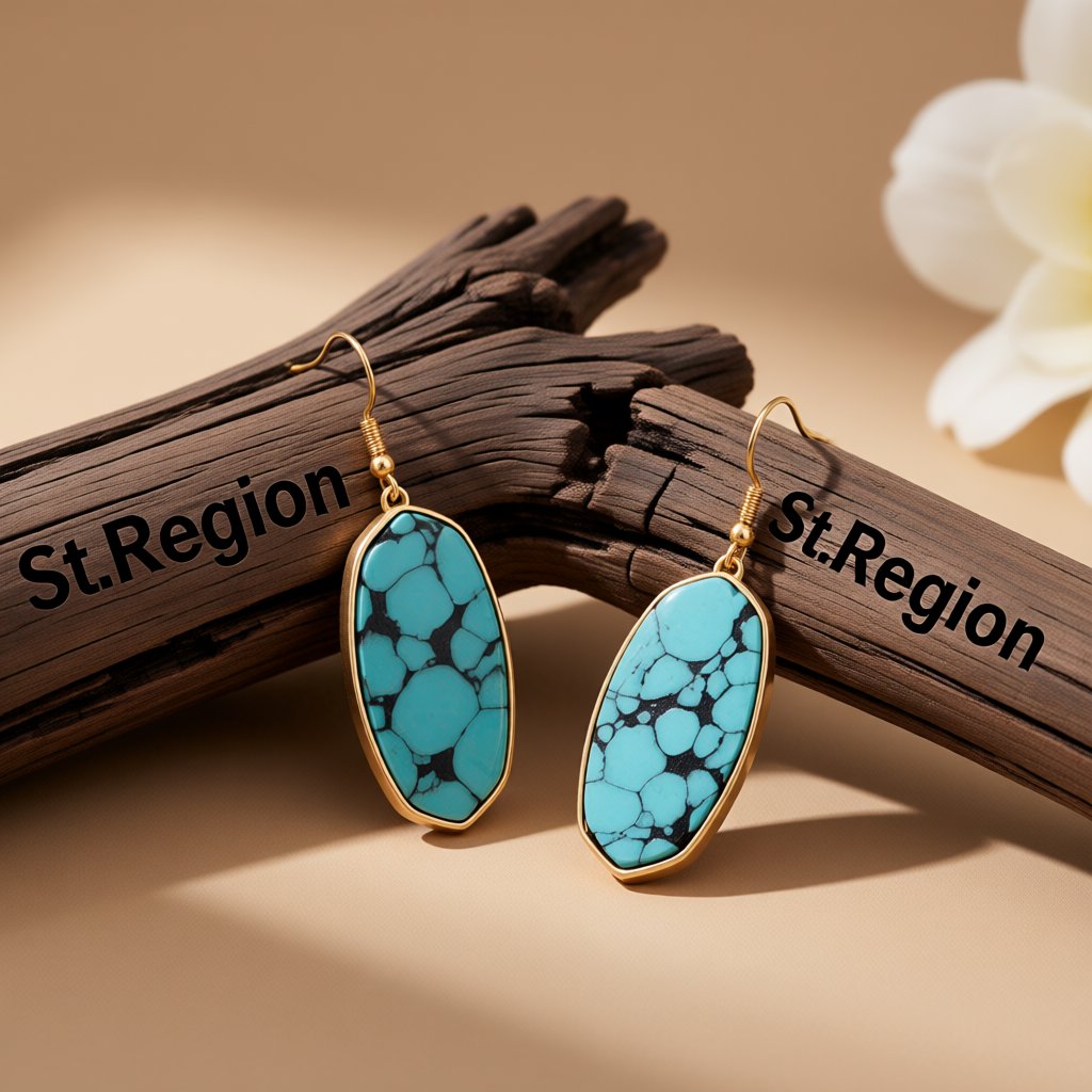 Turquoise and 18K Gold-Plated Oval Drop Earrings, gold drop earrings for women, vintage-inspired design, front view