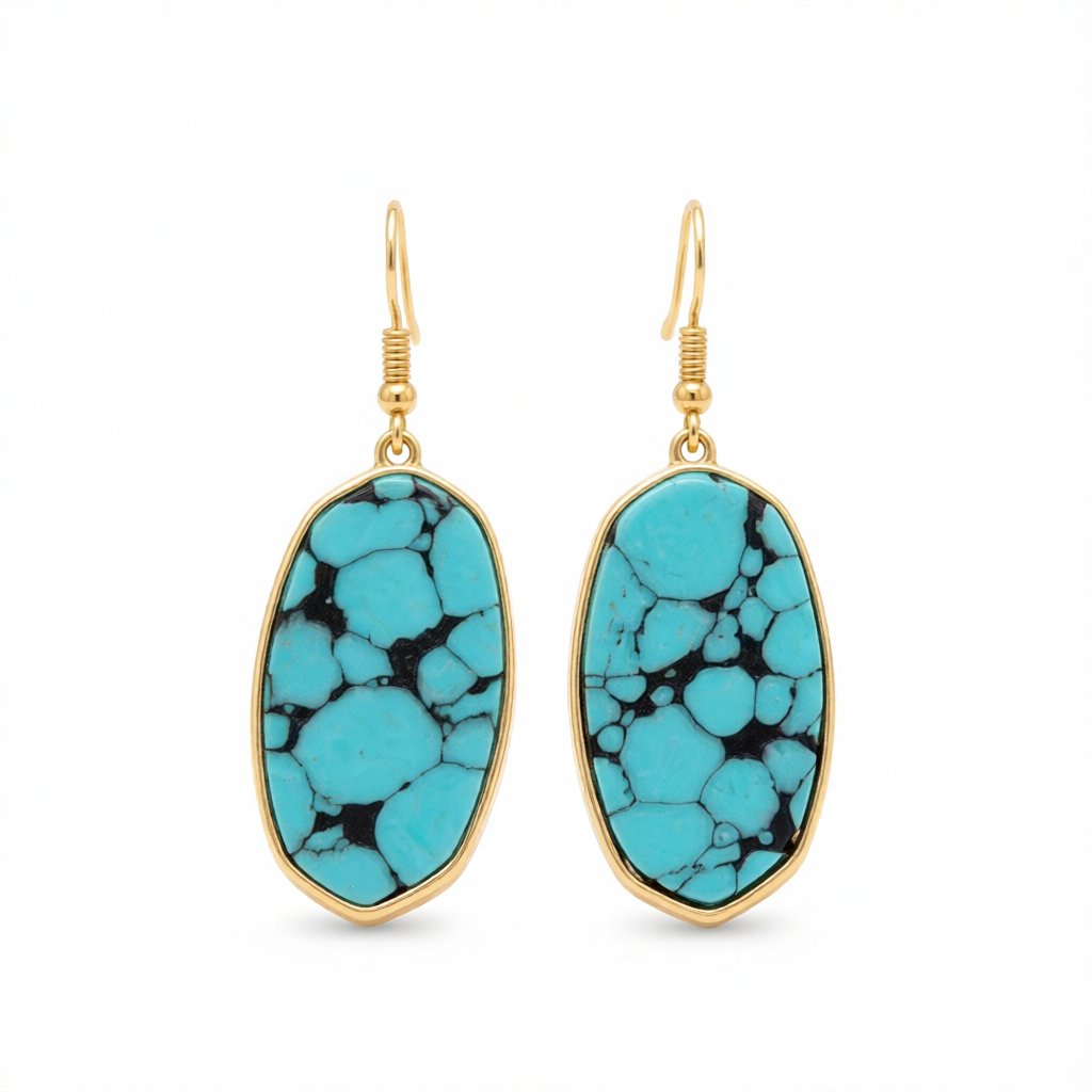 Turquoise and 18K Gold-Plated Oval Drop Earrings, gold drop earrings for women, vintage-inspired design, side view