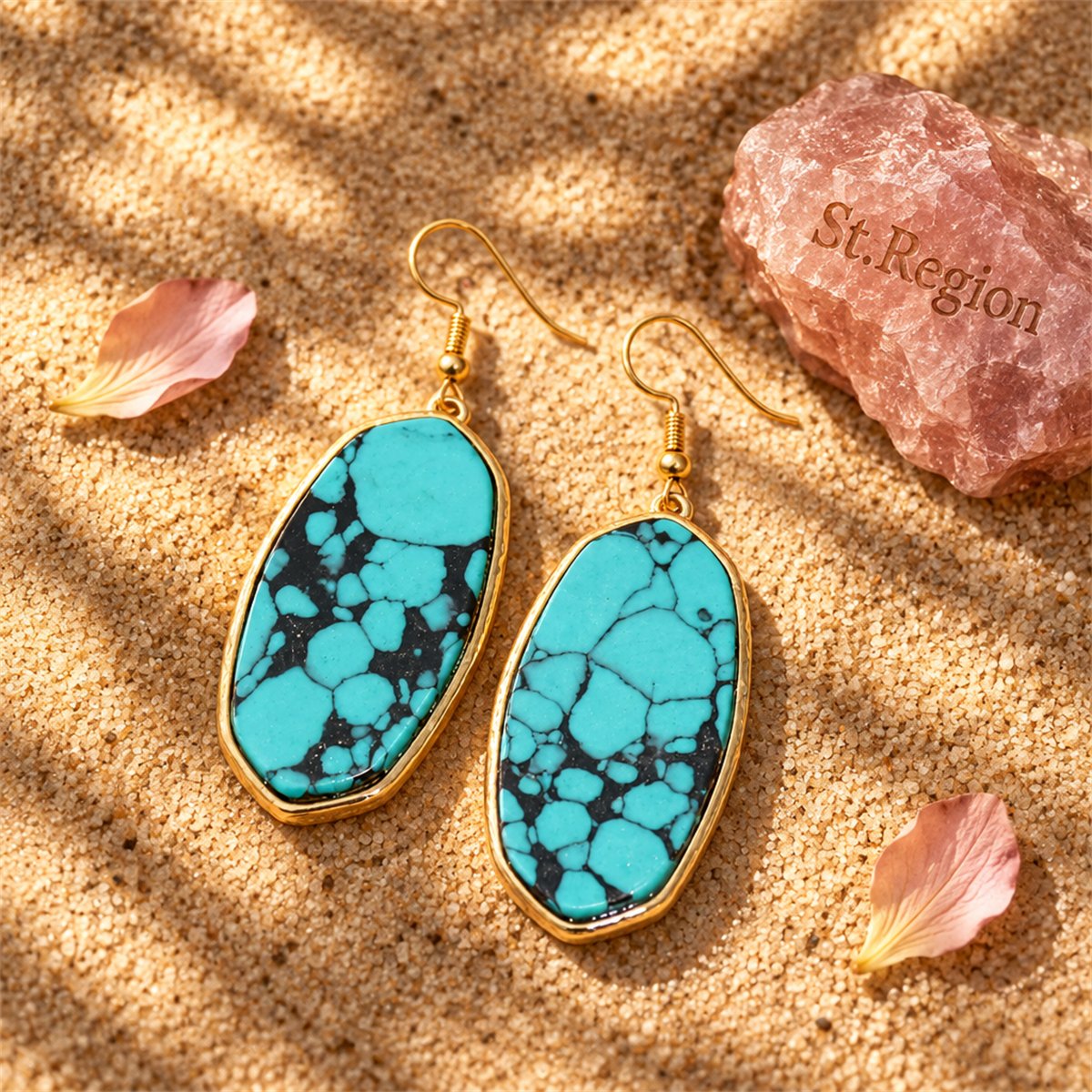 Turquoise and 18K Gold-Plated Oval Drop Earrings, gold drop earrings for women, vintage-inspired design, detail close-up