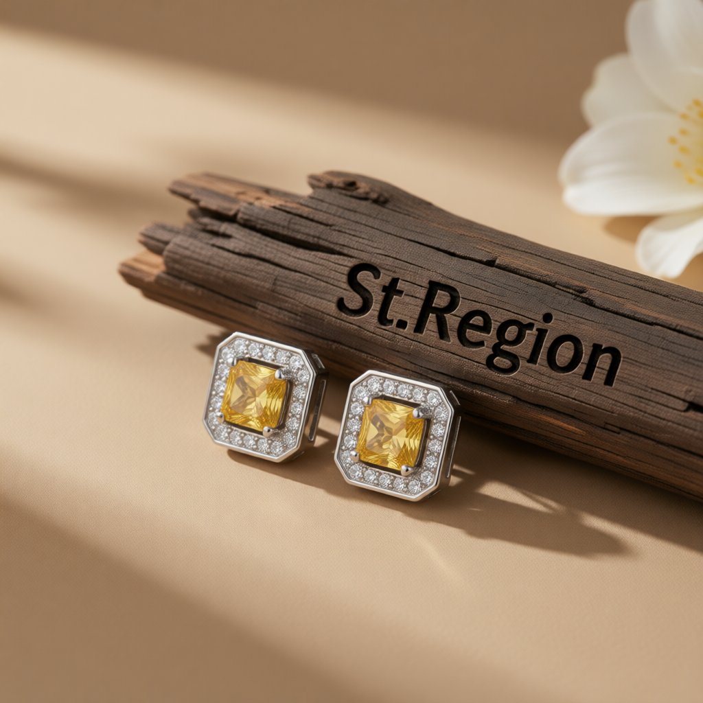 Yellow Crystal and Cubic Zirconia Square-Cut Halo Stud Earrings, stud earrings for women, elegant gift for her, front view