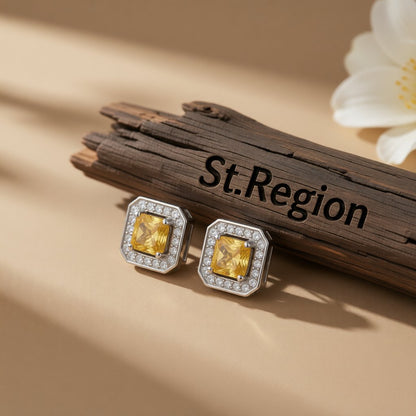 Yellow Crystal and Cubic Zirconia Square-Cut Halo Stud Earrings, stud earrings for women, elegant gift for her, front view