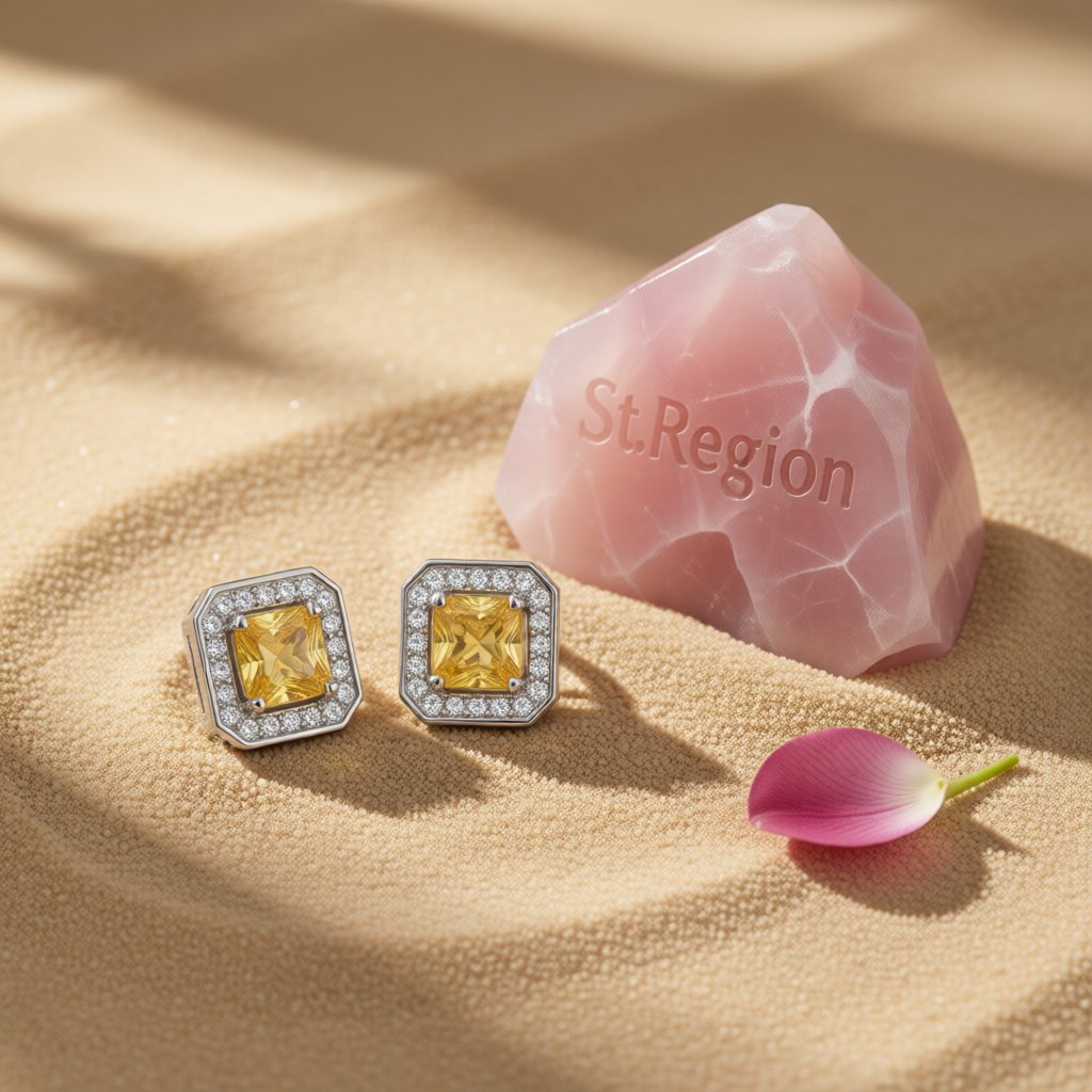 Yellow Crystal and Cubic Zirconia Square-Cut Halo Stud Earrings, stud earrings for women, detail close-up