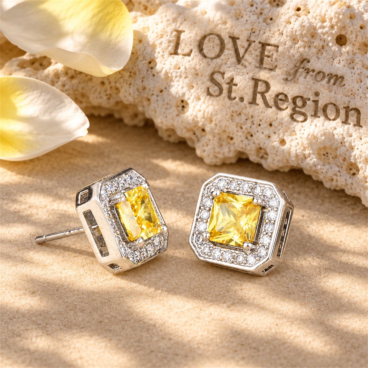 Yellow Crystal and Cubic Zirconia Square-Cut Halo Stud Earrings, stud earrings for women, lifestyle look